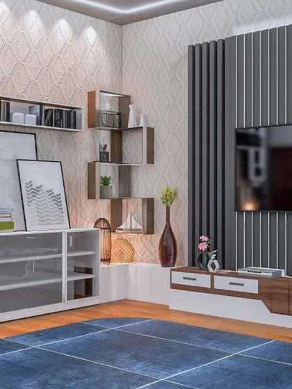 This entertainment area features two distinct zones: a TV unit with integrated shelving and a separate storage cabinet. The design uses a mix of wood, white laminate, and textured wallpaper to create a multi-functional and visually interesting living space.