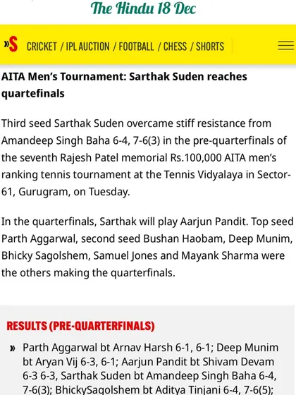 A news report from The Hindu covering the AITA Men's Tournament held at our academy, with our player Aarjun Pandit reaching the quarterfinals.