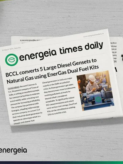 This shows my partnership with Bennett Coleman & Co. Ltd. (The Times of India) to upgrade 9.5 megawatts of their diesel gensets. This conversion to a natural gas hybrid system helps them comply with CAQM guidelines, reduce air pollution, and save on operational expenses.