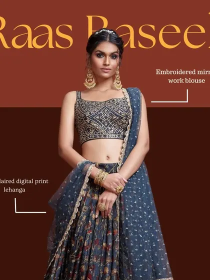 This peacock blue lehenga is a true showstopper. It features a fully flared digital print skirt, a detailed mirror-work blouse, and a dupatta with exquisite zari embroidery for a touch of modern glamour.
