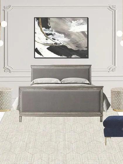 A Neoclassical bedroom mood board. The design uses a neutral color palette and symmetrical layout to achieve a serene and sophisticated atmosphere, grounded by classic furniture shapes.