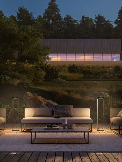Here, our solar floor lamps are used to frame an outdoor seating area, providing beautiful ambient light. Because they are completely wireless, they offer incredible flexibility in placement to create the perfect evening atmosphere.