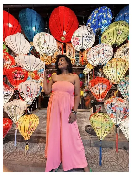 Another shot with the famous Hoi An lanterns. This pink tube jumpsuit was easy to pack and felt great to wear in the warm weather.