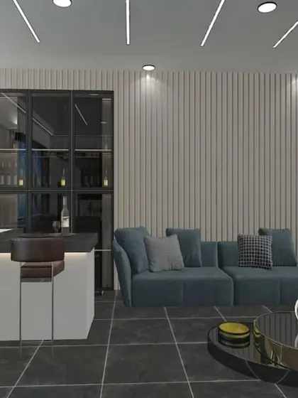 Interior 3D render of a proposed rooftop entertainment room in Punjabi Bagh. The design includes a modern sofa, a stylish bar counter, and large glass doors opening to the garden.