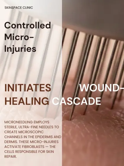 Microneedling works by creating controlled micro-injuries. We use sterile, ultra-fine needles to create microscopic channels in the skin, which activates fibroblasts, the cells responsible for skin repair and collagen production.