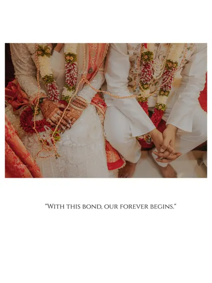 With this bond, our forever begins. A close-up shot of the couple's intertwined hands during the wedding ceremony, a simple yet powerful symbol of their union.