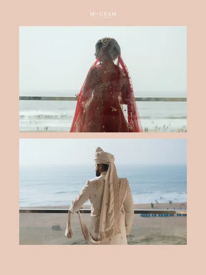 A diptych of the bride and groom looking out at the ocean from their balcony in Puri. This shot captures a moment of quiet reflection before their beachside wedding, a beautiful and serene start to their day.