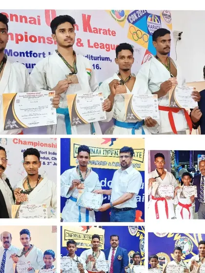 A collage of moments from the Chennai Open Karate Championship where I won a bronze medal in the senior open category against competitors from 16 different states.