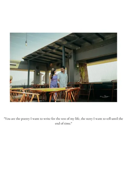 A wide shot capturing the relaxed and happy atmosphere of a rooftop cafe pre-wedding shoot. It's a snapshot of a perfect date.
