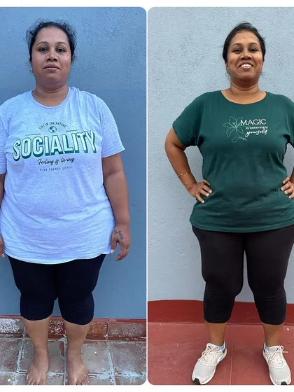 One year of dedication. This client's transformation journey shows a significant change in her body composition and overall fitness.