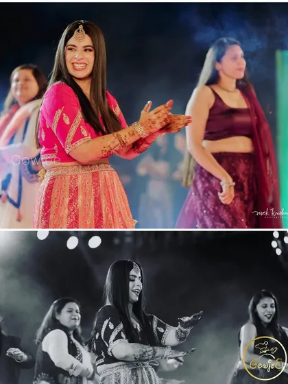 The bride enjoying her Sangeet performance, captured in both color and black and white.