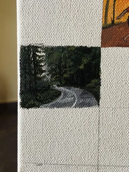A mini-painting of a winding road through a dark forest.