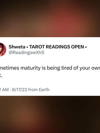 A screenshot of my tweet on a simple truth. "Sometimes maturity is being tired of your own shit." That's how growth begins.