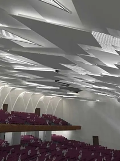 A render of a contemporary high-tech auditorium, featuring a dynamic ceiling design with integrated lighting and acoustic elements. This illustrates our ability to evolve with technology while maintaining our core principles of functionality and aesthetic quality.