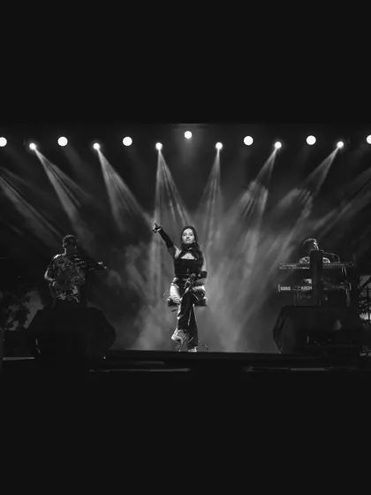 A powerful black and white photo from the stage. It captures the drama and intensity of a live rock show.