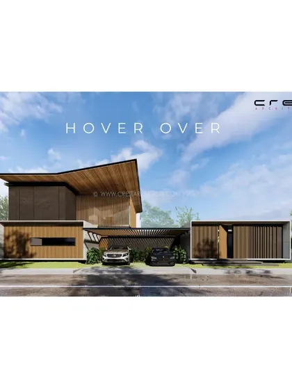 A concept render for the 'Hover Over' weekend home in Hyderabad. The design features a distinctive, angular roof and a clean, modern aesthetic combining timber and concrete.