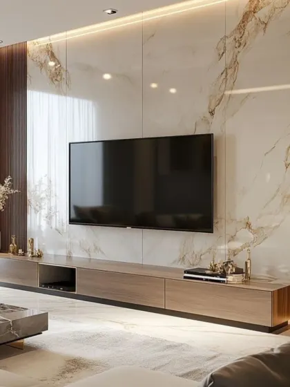 We used a floor-to-ceiling slab of book-matched marble to create a truly luxurious and seamless media wall. This is paired with a simple wood console and dark fluted paneling to complete the high-end look.
