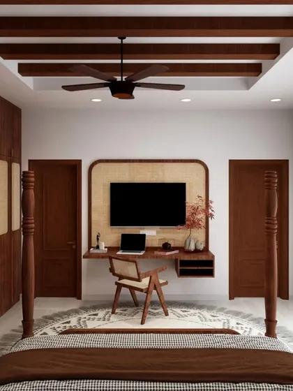 A duplicate of ID 168, this image shows the bedroom from the perspective of the bed, looking towards the TV and study area.