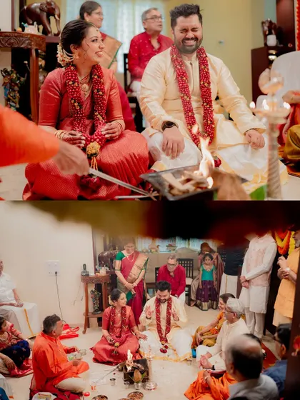 The sacred fire at the center of Anushka and Harsh's home wedding ceremony. I capture these rituals from a perspective that shows the intimacy of the setting.