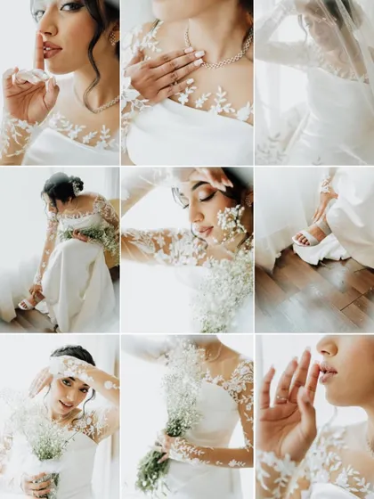 A collage of beautiful, candid moments of the bride getting ready. From adjusting her shoes to sharing a laugh, these shots capture the real, unscripted parts of the day.