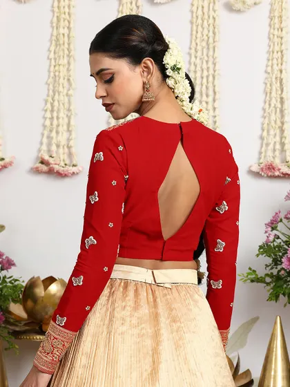 The back of the red blouse features a diamond-shaped keyhole and delicate butterfly embroidery on the full sleeves.