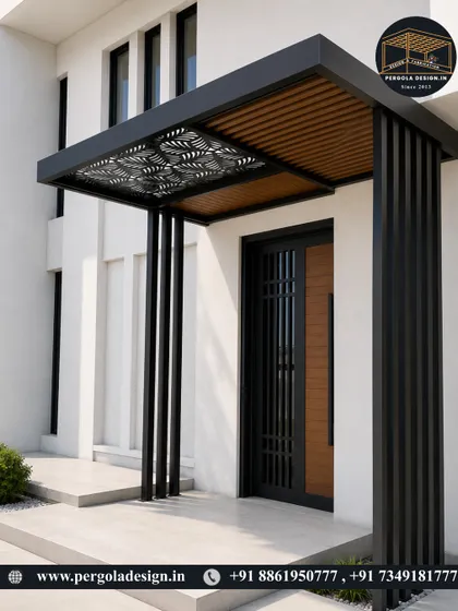 A modern entrance canopy featuring a unique CNC-cut ceiling panel. This design adds an artistic and welcoming touch to the home's entrance while providing shelter.