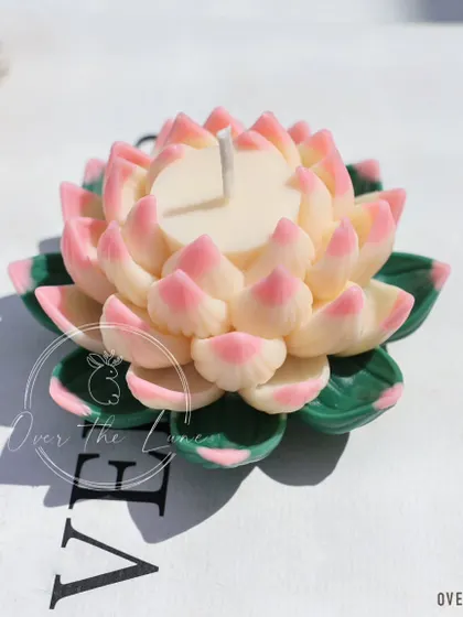 A close-up of the pink-tipped Lotus candle. The detail in each petal is something I'm very proud of, and it makes for a stunning centerpiece during the festive season.