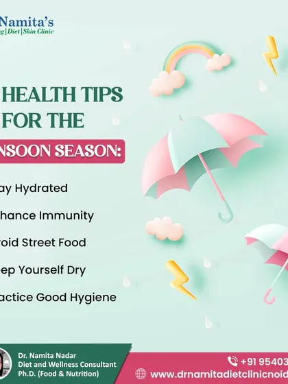 The monsoon season requires special attention to health. I advise my clients to stay hydrated, enhance immunity with the right foods, and practice good hygiene to stay healthy during this time.