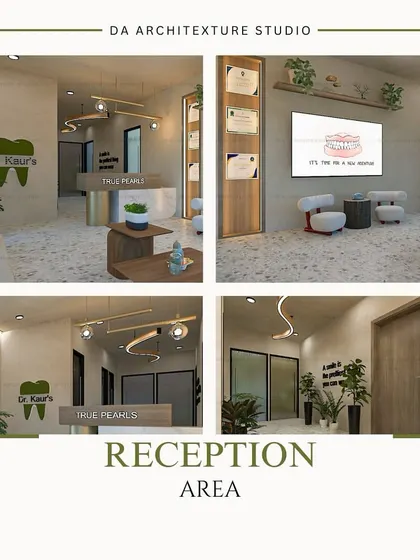 A collage of the clinic's reception and waiting area, designed with a cool color palette, comfortable seating, and natural elements to create a soothing environment.