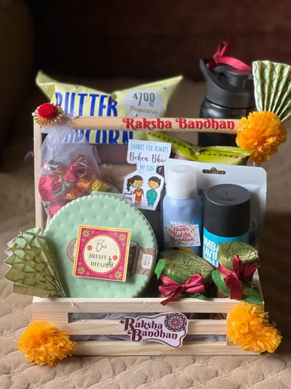 A slightly different perspective of the fun-filled Rakhi crate hamper.