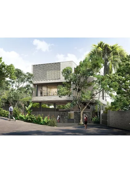 A rendering of our Office A project in Hyderabad, which has just broken ground. The design features elevated volumes, breezeblock screens, and lush landscaping to create a private yet open workspace.