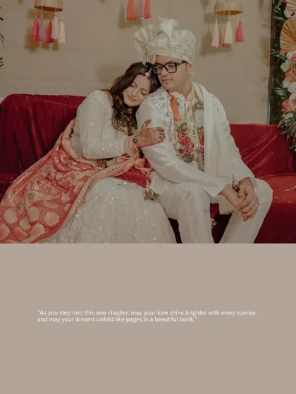 A quiet moment of rest and affection amidst the wedding celebrations. The bride leans on the groom's shoulder, a picture of comfort and love.
