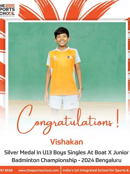 Vishakan celebrates his Silver Medal win in U13 Boys Singles at the Boat X Junior Badminton Championship.