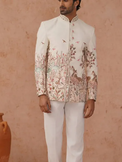 A full-length professional shot of the nature-inspired embroidered Jodhpuri suit, a true work of art.