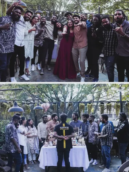 Tag your squad with whom you want to celebrate our Time Travel Experience. A group of friends posing happily around their surprise setup.