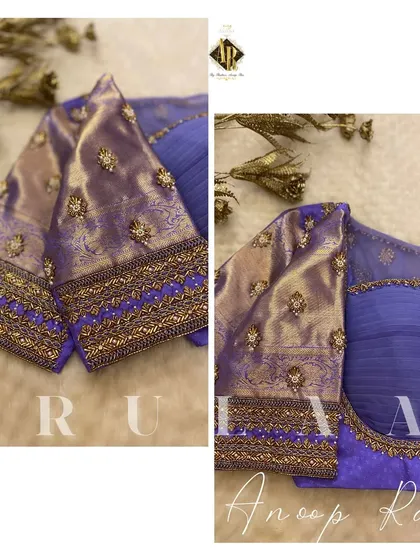 A lavender blouse with intricate pearl and zardosi work on the sleeves. The design incorporates the saree's original zari border for a seamless look.