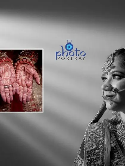 A black and white themed album page with a striking bridal portrait and insets showing her mehndi and other looks.