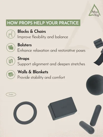 Here is how different props can help your practice. Blocks improve balance, bolsters enhance relaxation, and straps support alignment in deep stretches.