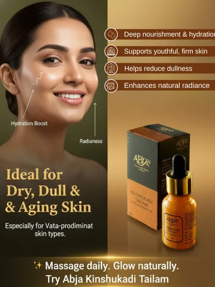 This is a duplicate of ID 3, showing the benefits of Kinshukadi Tailam for Vata-predominant skin types. It provides deep nourishment, supports firmness, and enhances radiance.