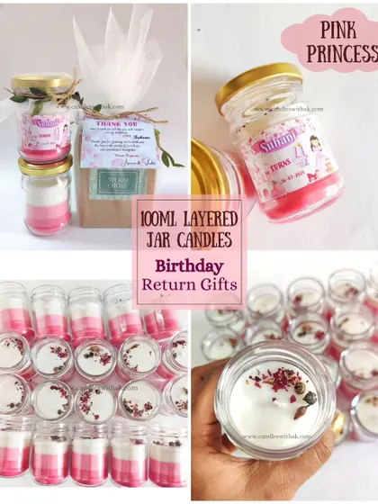 A collage of my 100ml layered jar candles, showcasing the "Pink Princess" theme and other designs perfect for birthday return gifts.