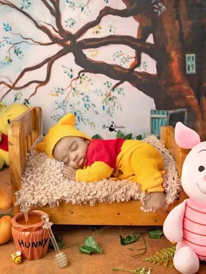 A sleepy newborn dreaming in the Hundred Acre Wood. This Winnie the Pooh themed session is a classic for a reason. I use soft, comfortable props and outfits to bring these gentle storybook scenes to life for your baby's first portraits.