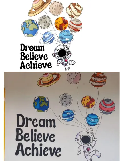 An astronaut holding planets like balloons with the quote "Dream Believe Achieve," combining science and motivation.