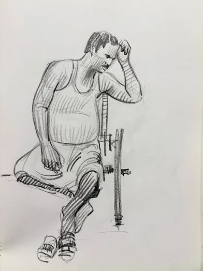 A sketch of a man in a vest, seated in a contemplative pose.