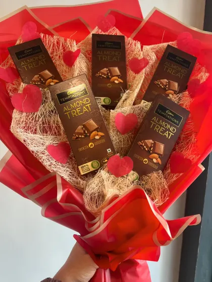 Another look at our perfectly wrapped chocolate bouquet. It's a fun and delicious alternative to a traditional floral bouquet, perfect for any chocolate lover.