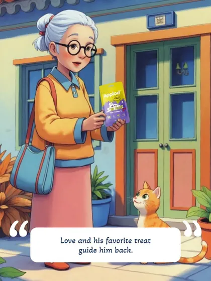 Reunited. Love and his favorite Applod treat guide Leo back to Grandma, showcasing the special bond between pets and their owners.