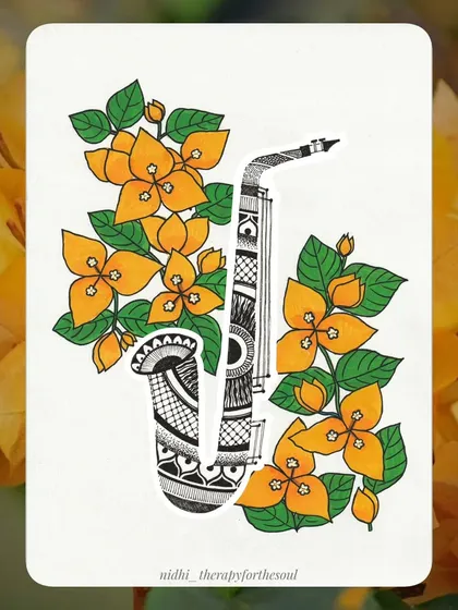 May: Bougainvillea & Saxophone. The bright, papery bougainvillea wraps around a smooth, patterned saxophone.