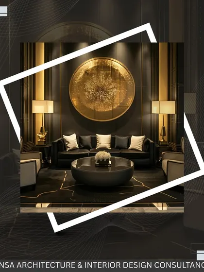 This living room design shows how bold design can meet timeless comfort. The dark, paneled walls are contrasted with a massive gold art piece, creating a space that feels both luxurious and perfect for hosting.