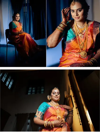 A collection of dramatic, low light portraits from a maternity session. The focused lighting highlights the intricate details of the traditional jewelry and the serene expressions of the expecting mother.