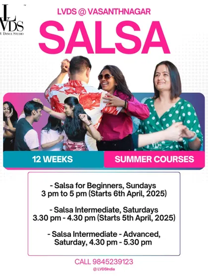 This poster details our Salsa course offerings at the Vasanthnagar studio. We have classes for beginners, intermediate, and advanced dancers, ensuring a clear progression path for your learning.