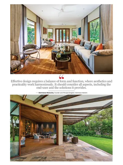 This magazine feature highlights how I balance form and function. The top image shows a spacious family living room with a large L-shaped sofa for comfort, while the bottom image showcases an entertainment area that opens completely to the outdoors.
